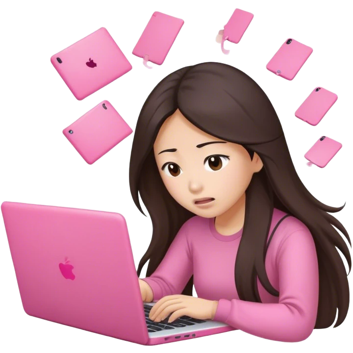 Stressed long hair brunette asian working on pink laptop  emoji