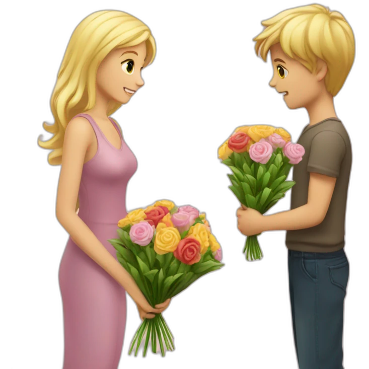 A boy who offers a bouquet of flowers to a pretty blonde emoji