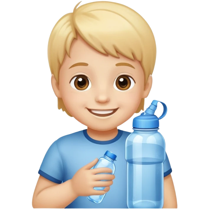 child holding a water bottle, smiling, friendly and cute emoji