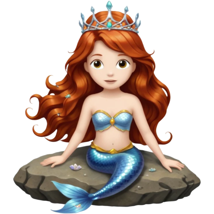 Mermaid with Shell Crown – Long flowing hair, shell tiar, sitting on rock emoji