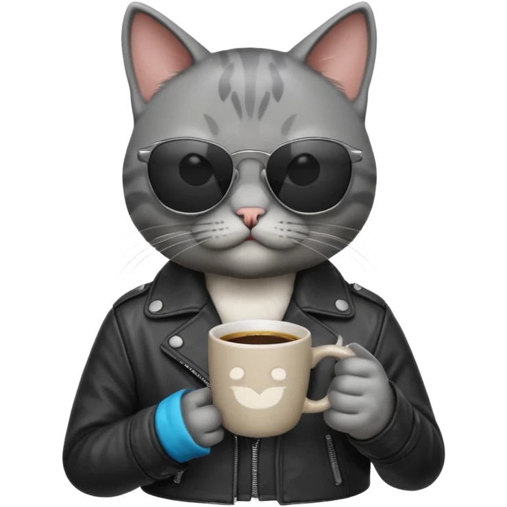 Gray cat, wearing sunglasses, leather black jacket, holding coffee mug emoji