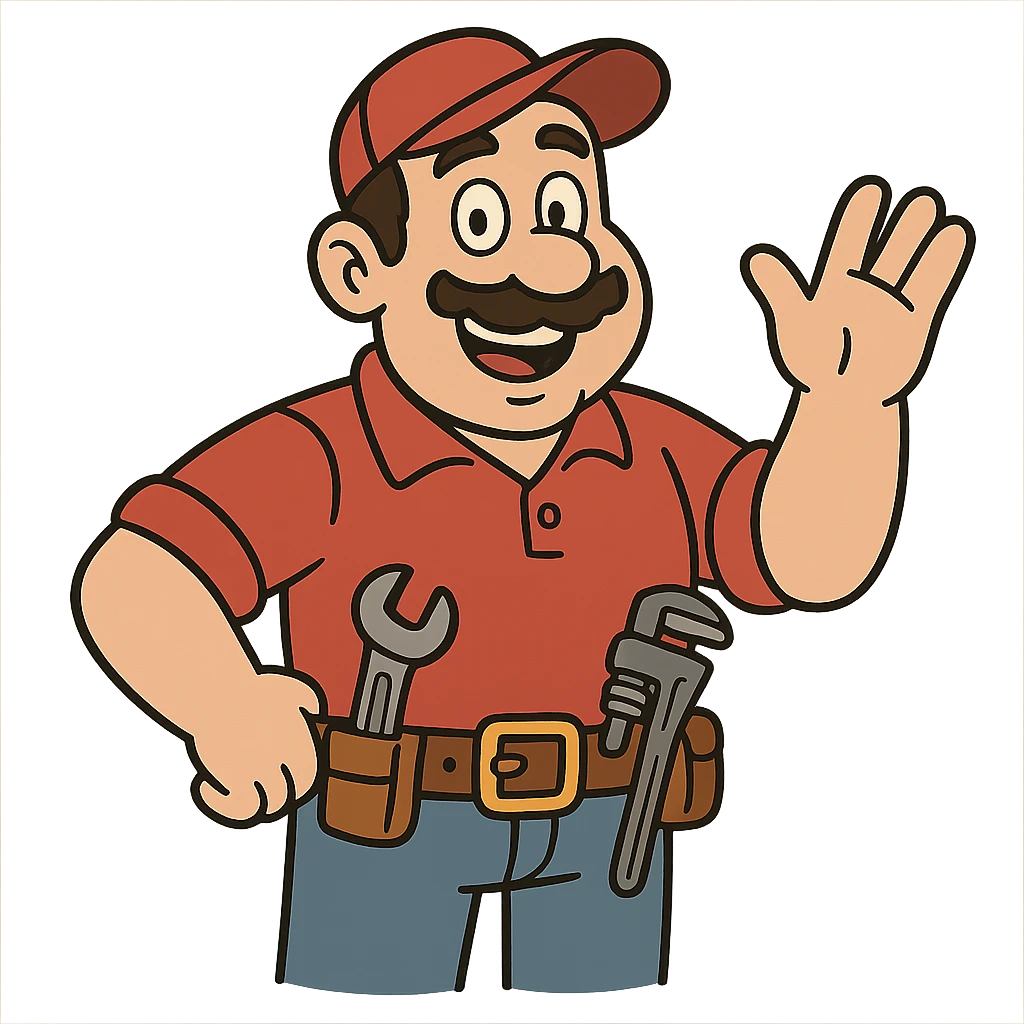 a plumber, red shirt, tool belt, smiling, cartoon style, white background emoji