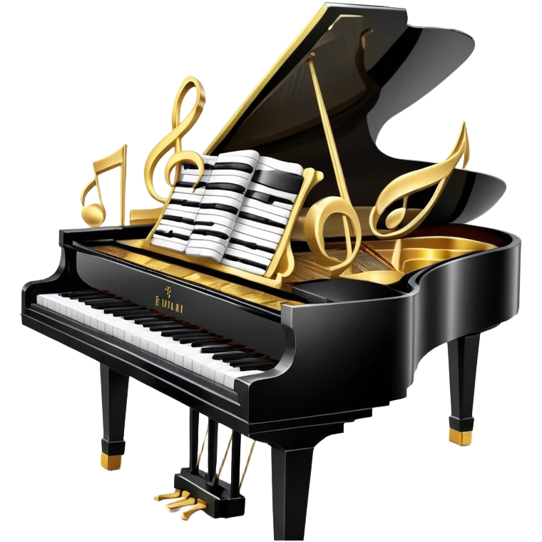 Create a detailed and elegant emoji collage representing keyboard instruments in a celebratory and professional style, reminiscent of a coat of arms. The design should feature a central arrangement of black and white piano keys, forming a symmetrical, powerful image. Around the keys, include a flowing ribbon of musical notes that intertwines with the keys, creating a sense of movement and harmony. Use gold and silver accents to highlight the keys and musical notes, giving the design a festive, high-quality appearance. The design should convey professionalism, elegance, and a sense of occasion. Add subtle reflections on the piano keys to enhance the polished look. The background should be transparent. emoji