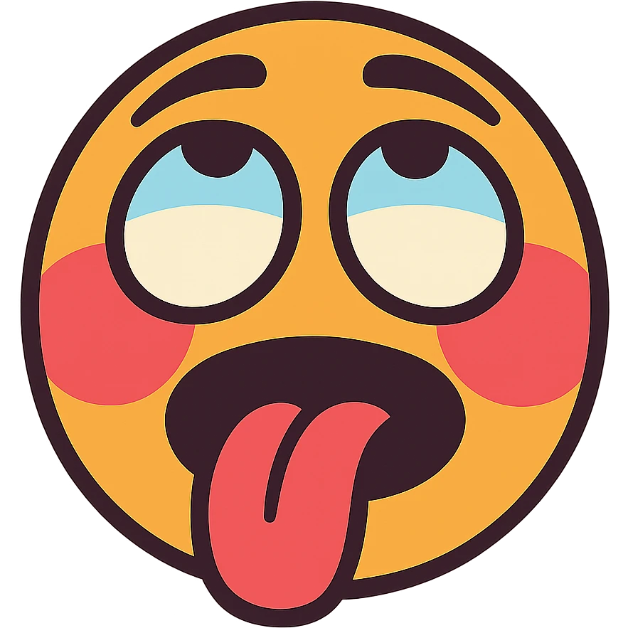 vibrant toon style blushing face with eyes rolled up and tongue out emoji