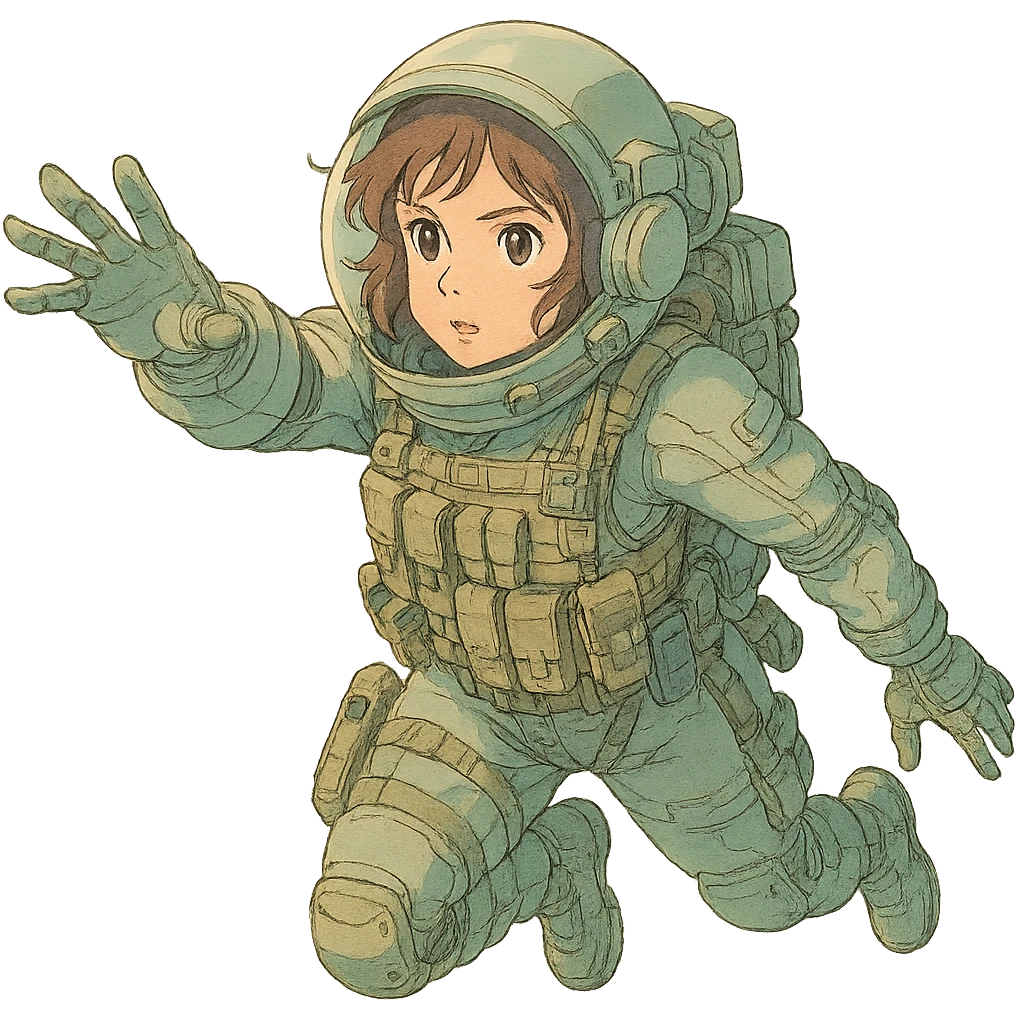 a tactical female space warrior floating in zero-g EVA operations, reaching in front of her emoji