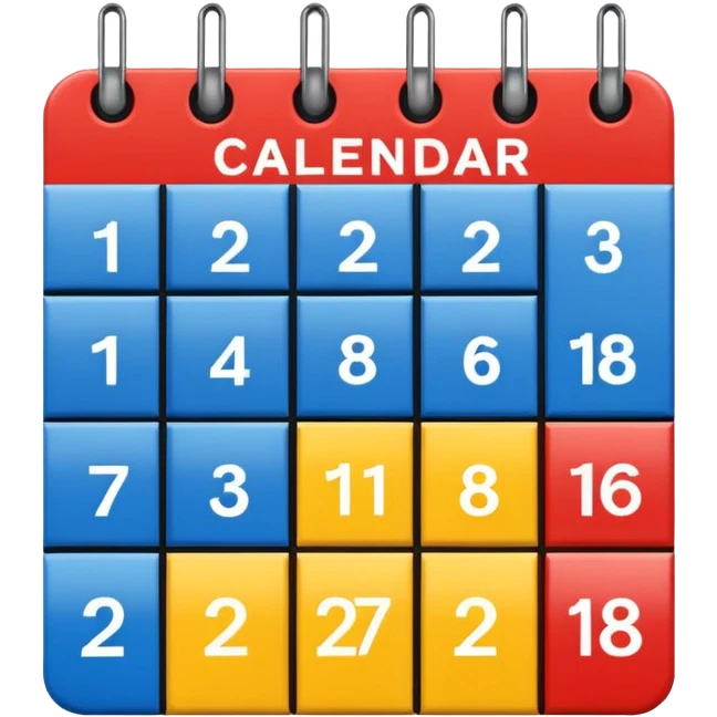 Flat icon, bright rectangular background with abstract color blocks (blue, yellow, red), black silhouette of a calendar grid, small musical notes around it, style of performing arts college logo, clean bold shapes, no gradients, high contrast, dynamic artistic composition. emoji