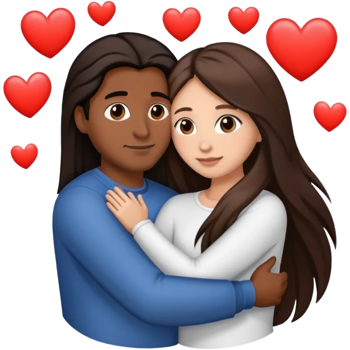A couple hugging. The man has medium brown skin, dark brown slightly long straight hair. The woman has fair skin, long dark brown hair. White hearts around them. emoji
