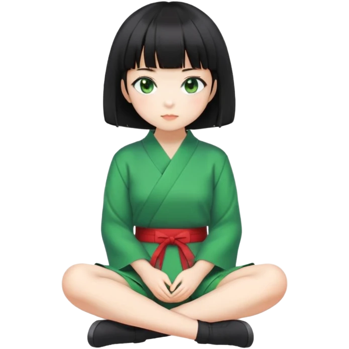 Japanese girl with short black hair and bangs, wearing a Jirai Kei outfit, green eyes, sitting pose emoji