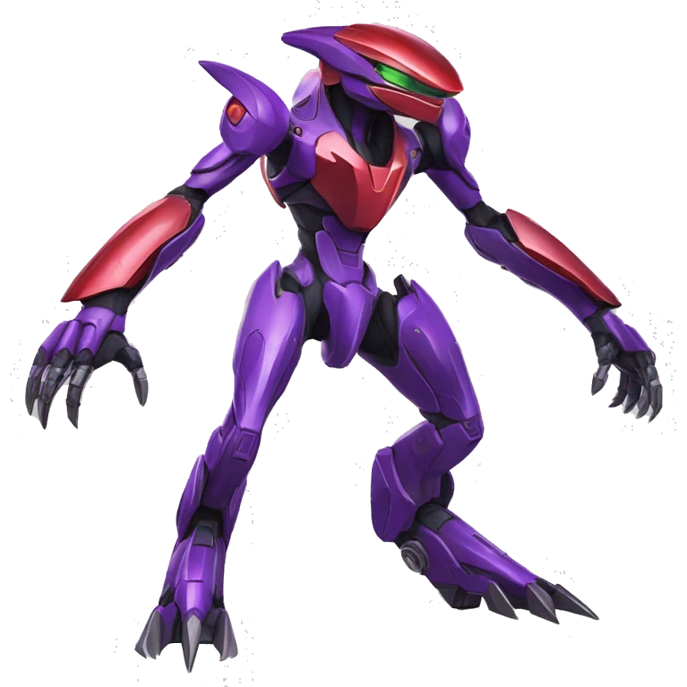 a shiny purple-green-red Genesect-Raptor-Fakémon—hybrid with a futuristic visor-helmet full body emoji