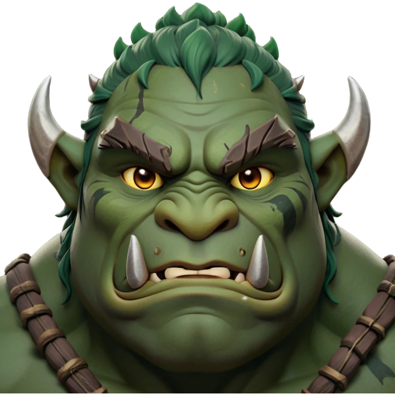 Cinematic Noble Ogre Portrait Emoji, Majestic and imposing, with a rugged, muscular form in deep earthy greens and browns, adorned with battle scars and subtle tribal markings, exuding calm, noble strength and unexpected wisdom, simplified yet strikingly detailed, glowing with a shadowy outline that captures the essence of a gentle giant with fierce heart! emoji