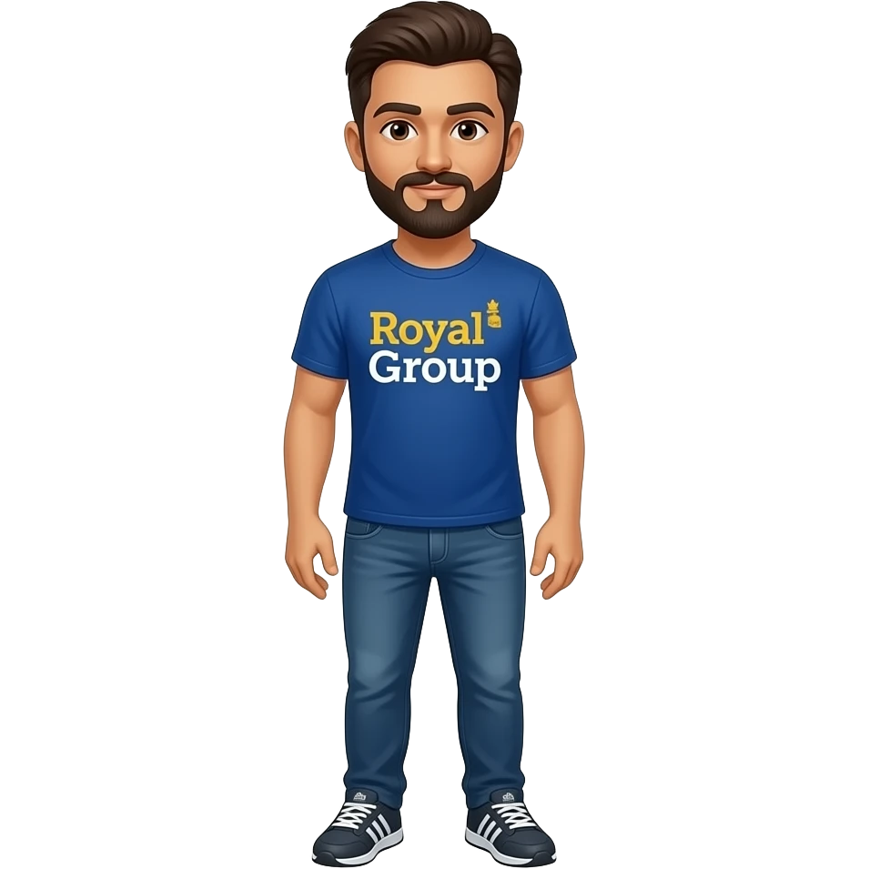 man, medium tone skin, dark brown hair, beard/mustache, brown eyes,  in royal group t-shirt, the logo being one connected word "RoyalGroup" - 'Royal' in goldenrod yellow and 'Group' in white, jeans, adidas shoes emoji