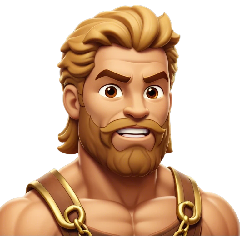 Cinematic Realistic Hercules Portrait, head tilted dramatically with an exaggeratedly amused expression, featuring a bold yet playful demeanor. His rugged, muscular form and finely detailed classical garb are rendered with dynamic lighting and robust textures, conveying a rare moment of lighthearted mirth from a timeless legend. emoji