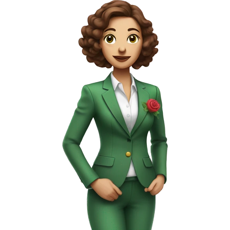 Woman with brown hair in green suit with rose on stomach sprayin perfume emoji