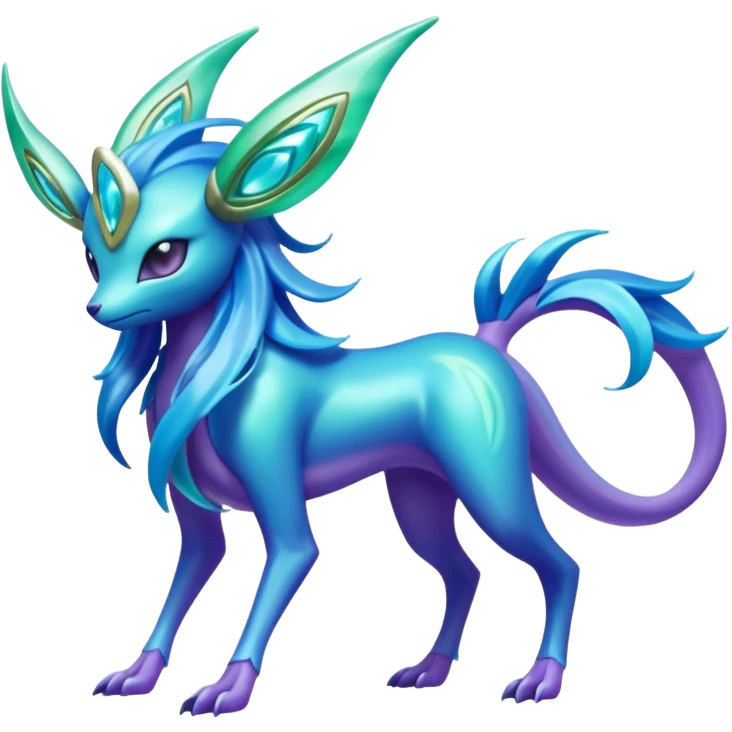 Futuristic shiny pastel bioluminescent transparent translucent iridescent glowing neon cool tough evil Suicune-Bayleaf-Celebi-Pokémon-Fakémon-hybrid-creature emoji