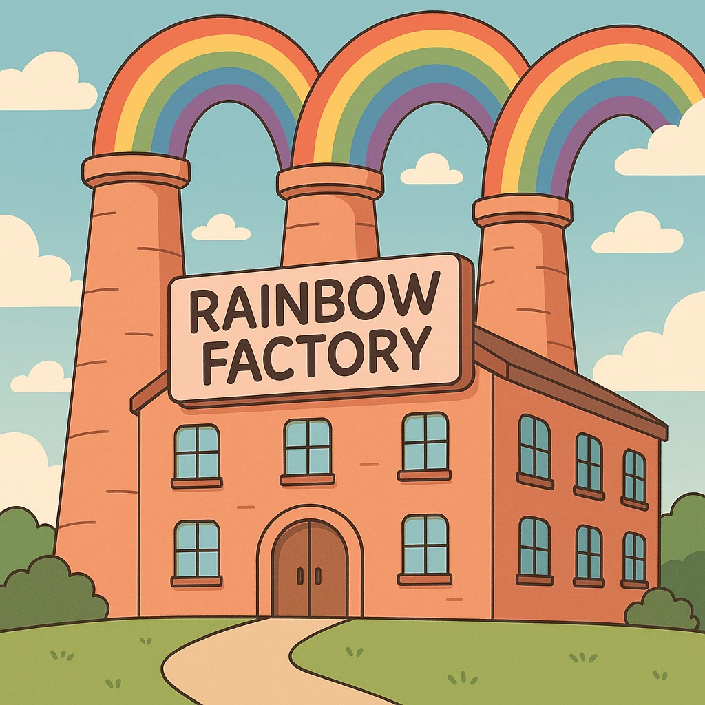 a cartoon-style rainbow factory with rainbows coming out of chimneys, cheerful and bright emoji