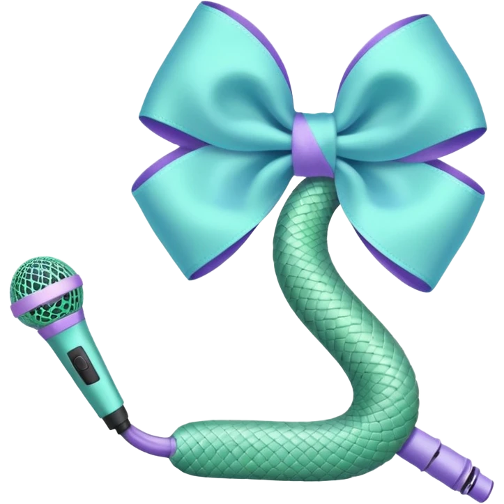 A pastel blue bow with a pastel a pastel green snake at the top of one side and a pastel purple microphone on the bottom of the other side of the bow emoji