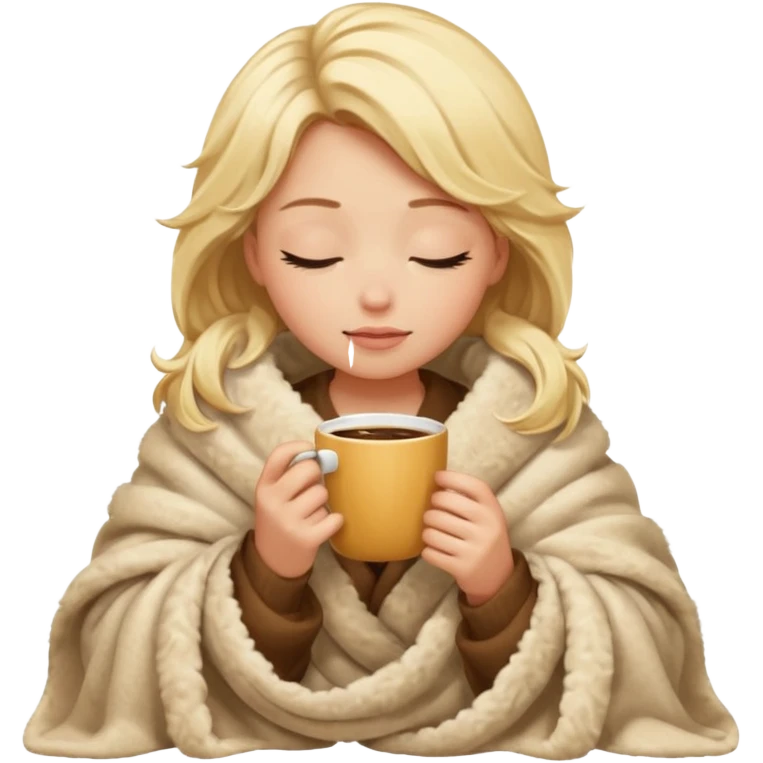 Blonde girl inside a blanket sipping coffee eyes closed emoji