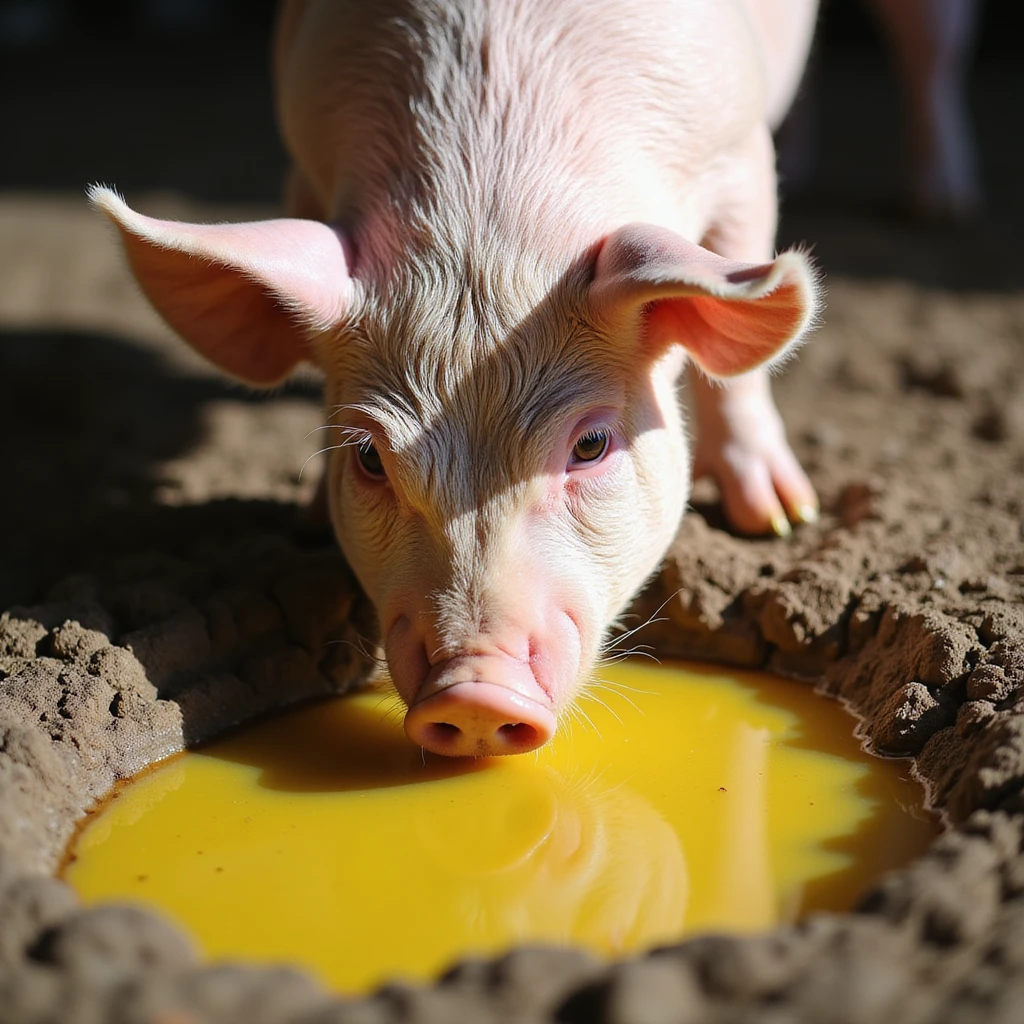 close-up of a pig sniffing and drinking from a yellow puddle in the mud, natural light, farm environment, 4K quality emoji