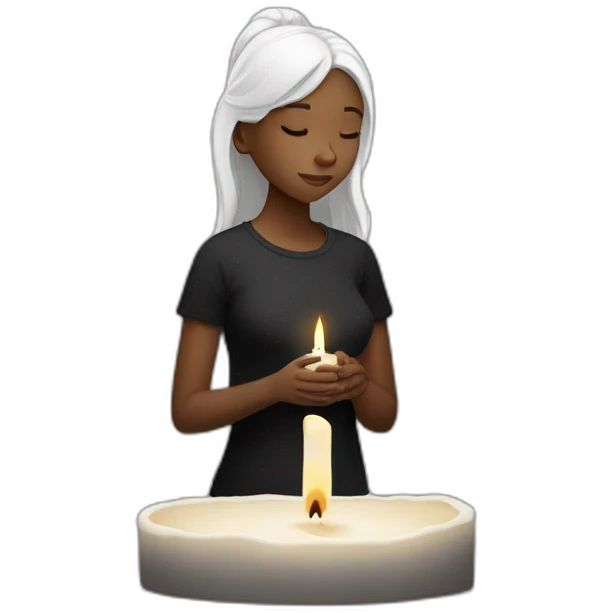 a girl with white skin and black t-shirt prays at a candle in her left  emoji