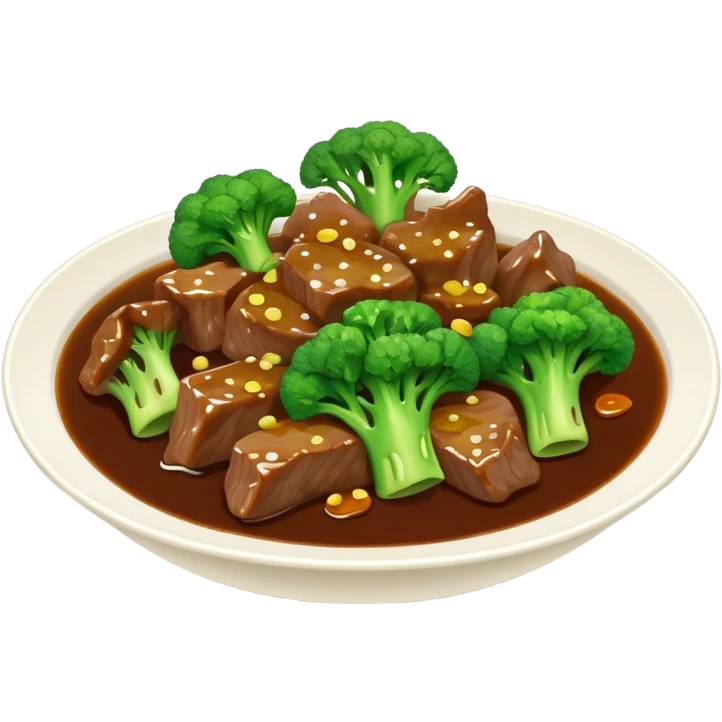 Beef with Broccoli in oyster sauce, simplified emoji style with bold outlines and bright colors, cartoon style stir fried Xi Lan Hua Niu Rou emoji