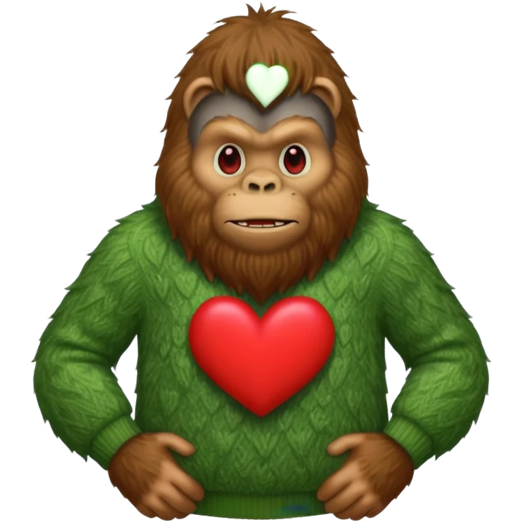 Bigfoot wear a green sweater with a big red heart on the front emoji