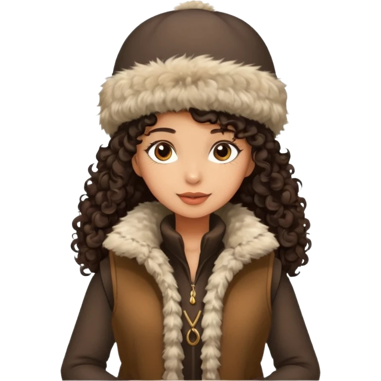 "A girl with curly dark hair 👩🏻‍🦱, wearing a fur hat 👒🦊 and a fur vest 🧥, standing in the snow ❄️ with pine trees 🌲 in the background, holding a Bashkir dombyra 🎶. Emoji style." emoji