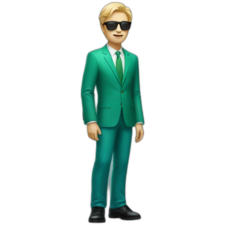 white guy in gradient green blue suit with blonde hair and black sunglasses standing with black shoes emoji