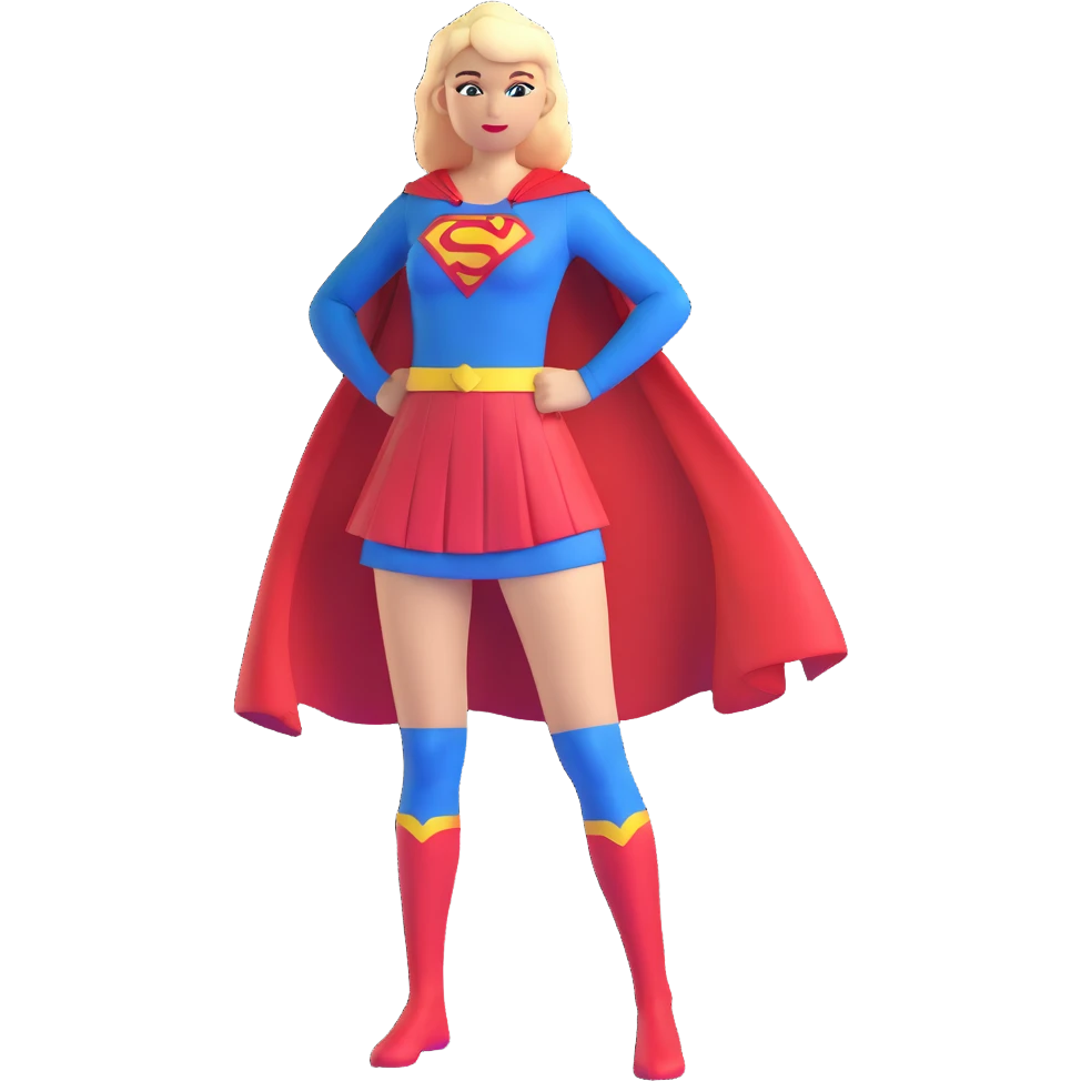 Supergirl superhero full body, blue tights costume with red skirt, red cape and S emblem emoji