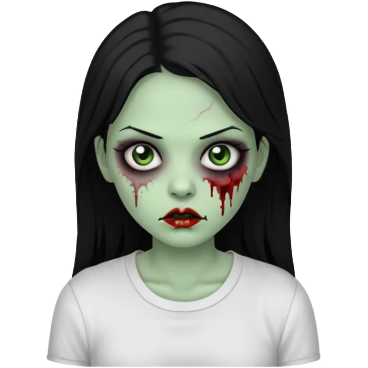 zombie girl with white shirt but similar to this with green skin black hair long emoji