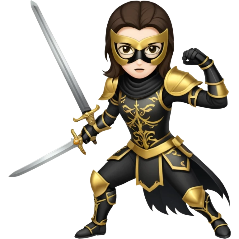 Brunette sword fighting assassin with a mask and black and gold armour emoji