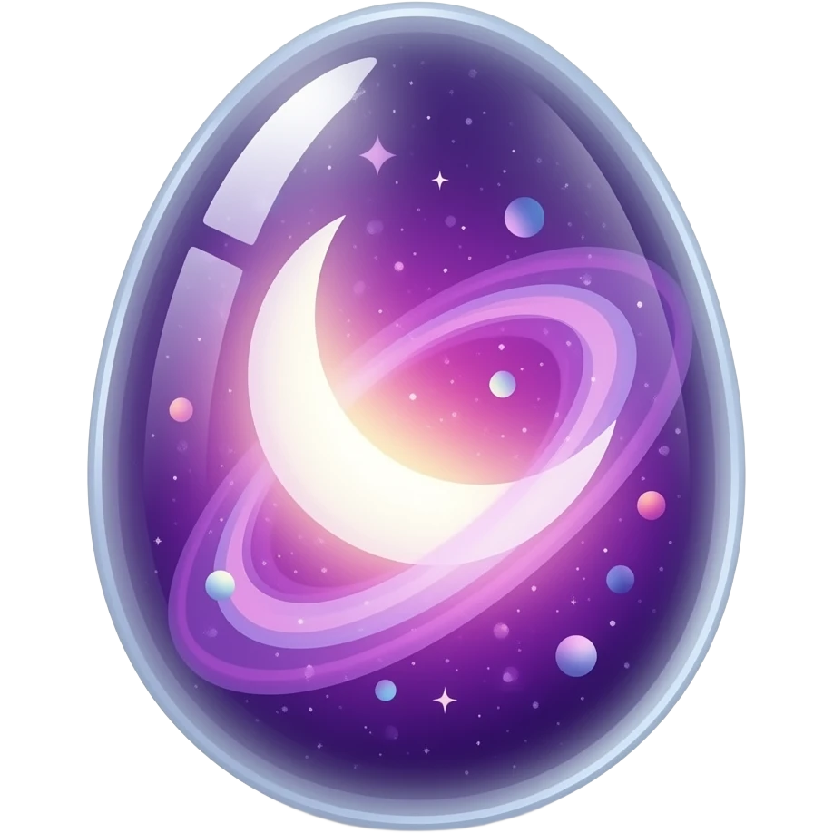 transparent glowing cosmic egg with no visible shell, fully see‑through, containing a swirling purple‑pink nebula and a luminous crecent moon, floating multicolored light orbs inside, isolated object, transparent background emoji