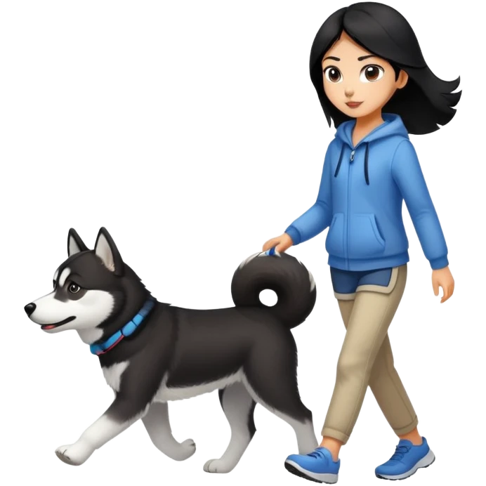 A black-haired girl walks a black and white husky emoji