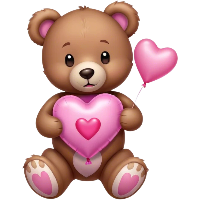 Adorable Plush brown teddy bear holding an inflatable metallic pink heart-shaped balloon in his paw and love letter of the color pink emoji