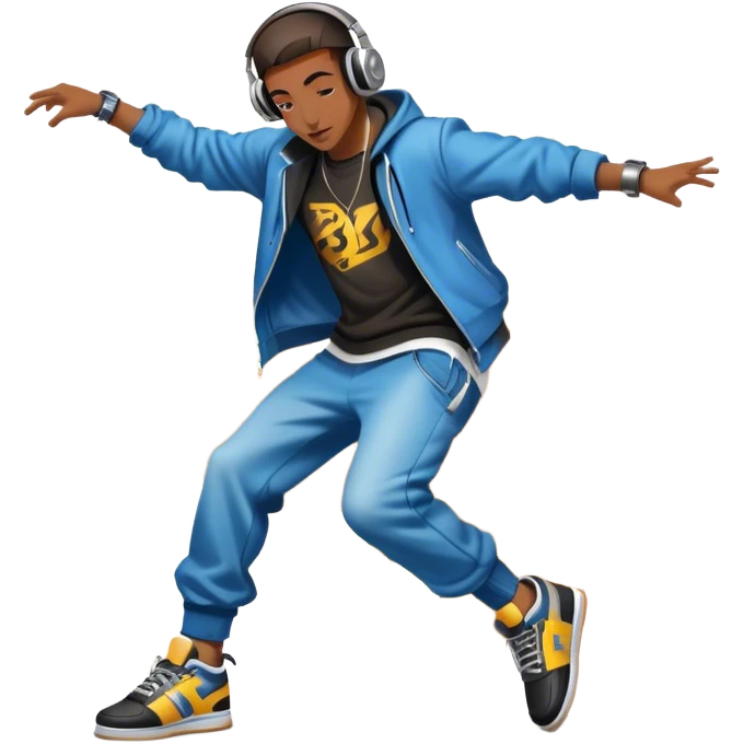 Icon for Street Dance: a dancer in urban streetwear performing a dynamic breakdance move, with a spray-painted background, headphones, and a boombox on the asphalt. The icon should capture the energy, style, and creativity of street dance culture. Transparent background. emoji