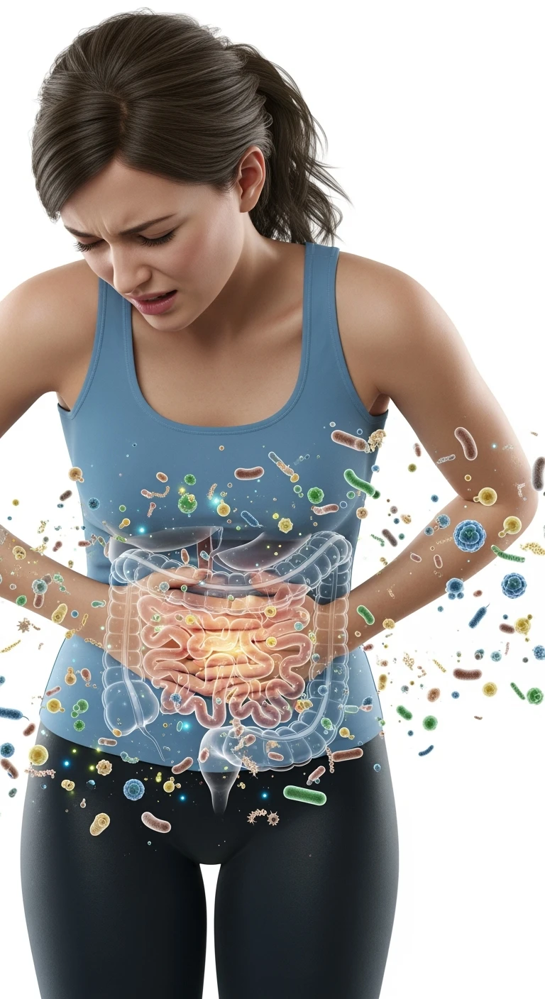 DONNA CON MAL DI PANCIA E INTESTINO UMANO ANATOMICO VISIBILE, BATTERI INTESTINALI FLUTTUANO INTORNO, IPERREALISTICO 4K, SFONDO BIANCO emoji