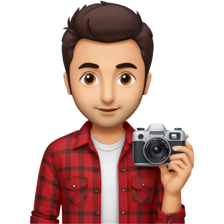 generate a pretty bratz emoji 
Make her look like Ranbir kapoor wearing a red flannel shirt,with white tee underneath. smirking and carrying a camera

he should look exactly  like ranbir kapoor!  emoji