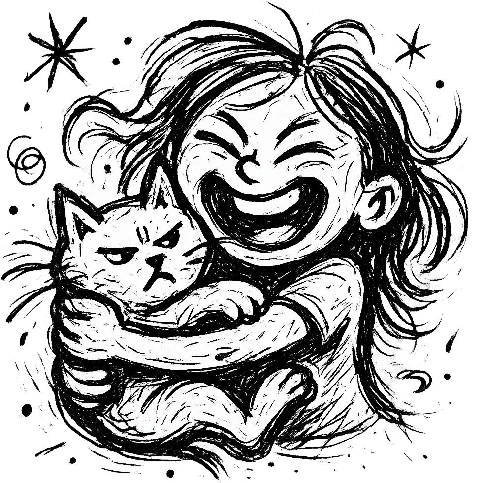a beautiful girl hugs a cat tightly with exaggerated expressions emoji