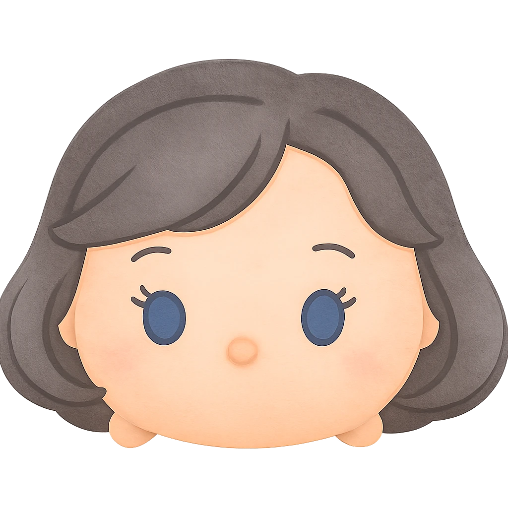 Remove the white border, keep plush tsum tsum style with blue eyes, grey 1940s bob hair, no body, no mouth, and no background. Preserve the plush tsum tsum look and isolate the subject with transparent background. emoji