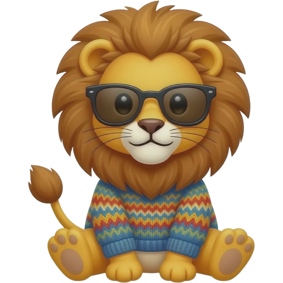cute Lion wearing colourful sweater, sunglass sitting , front facing emoji