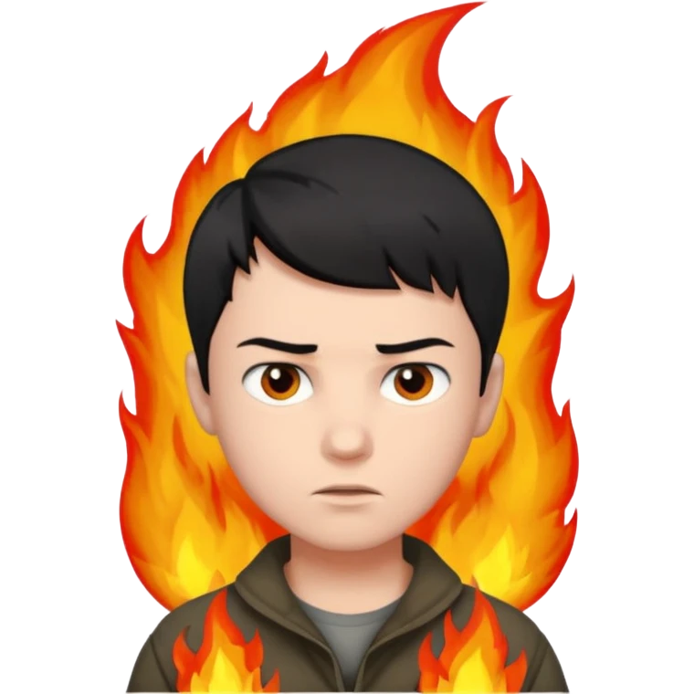 boy with short black hair, fire, risk-taker, realist emoji
