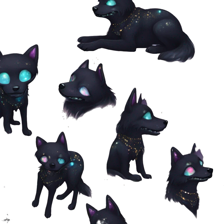 Black iridescent dog fox zombie skeleton gold mechanical nebula galaxy stars flowers fairy lights vintage emoji