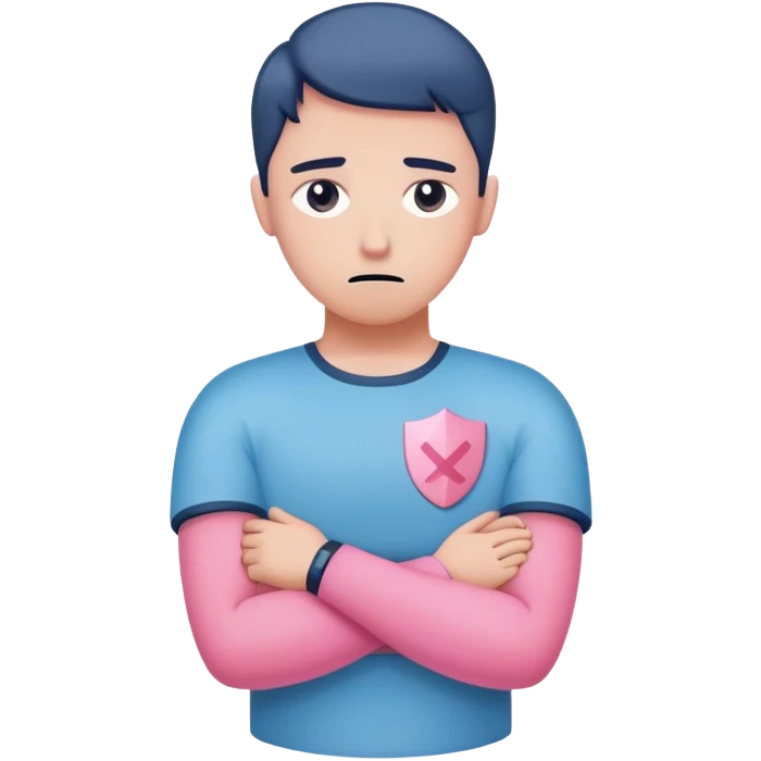avoidant person with guarded neutral expression and slightly distant eyes, body posture leaning away with arms crossed creating emotional barrier, small shield or wall symbol nearby, phone face down being ignored, minimal soft rounded design with gentle blue and pink colors matching anxious attachment style emoji