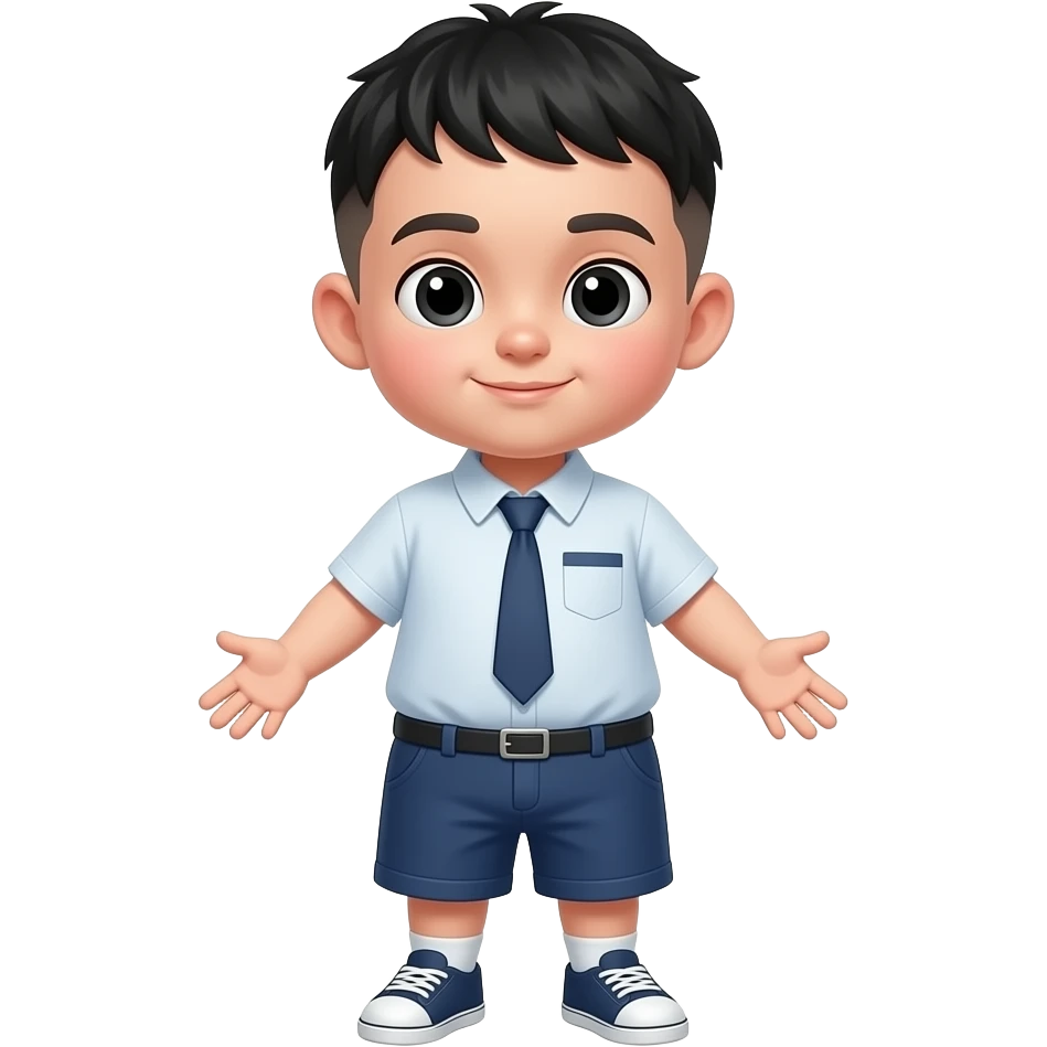 niño blanco cabello negro corte escolar gordito labios pequeños pies manos  tamaño normal oregas grandes gordito ojos negros cuerpo completo emoji