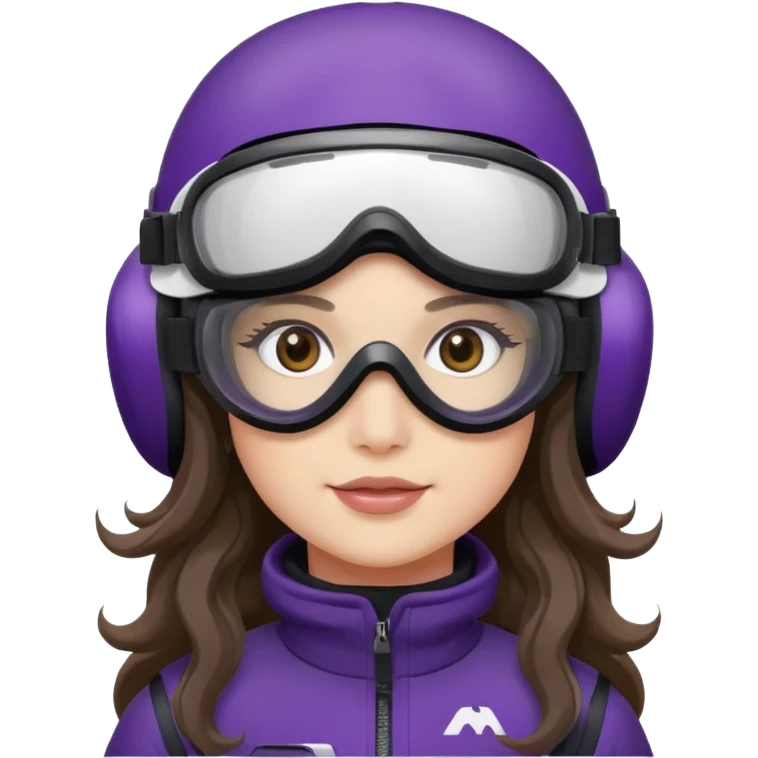 I’m sitting on snowmobile goggles and helmet not covering my face brown eyes long wavy hair white skin dark purple change snowmobile color to dark purple and white not yellow Snowmobile helmet and goggles, not on my face pants black no glasses on my face emoji