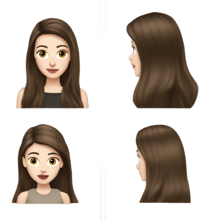 Brunette long hair blowout girl, pale skin, Chanel birkin Dior emoji