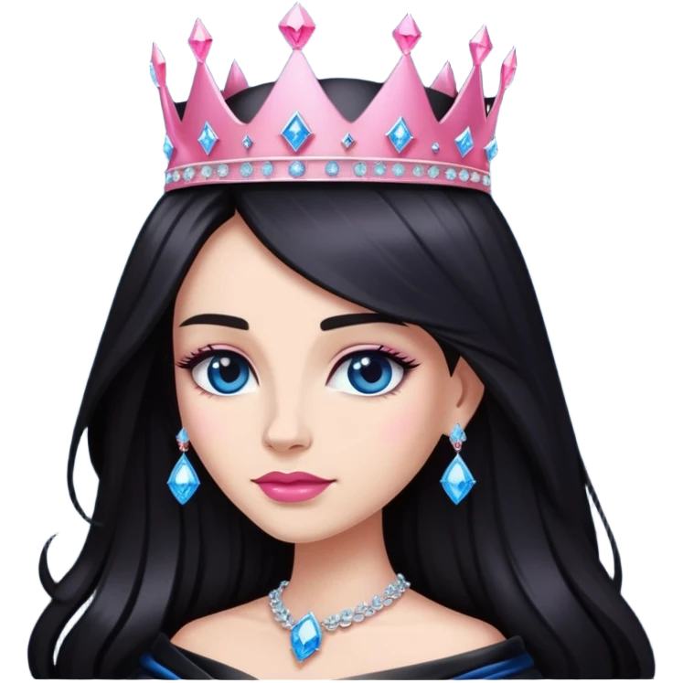 Queen, dark long hair, big crown with pink diamonds, black dress with blue diamonds emoji