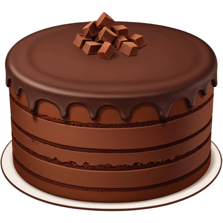 Chocolate fudge cake with chocolate base and chocolate frosting with chocolate pieces. Show the inside of the cake with three thin layers of a lighter chocolate filling  emoji
