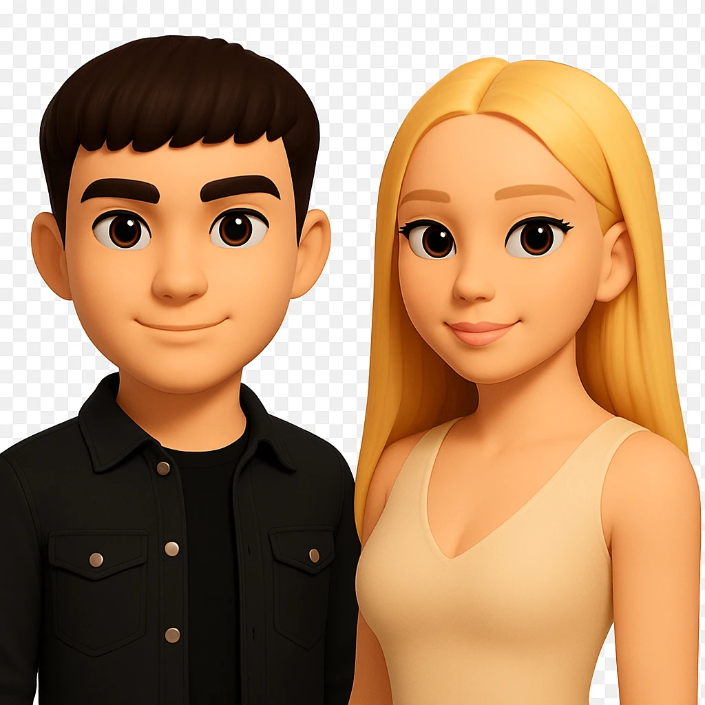 Slightly increase the volume of the upper body of the girl, separate the girl and the boy from each other, make the skin color the same for both characters. Maintain the cartoonish 3D style and keep the background transparent. The original style is cartoonish 3D style. emoji