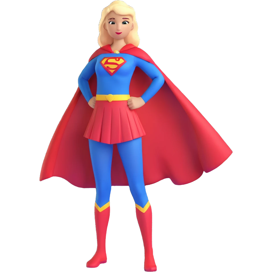 Supergirl superhero full body, blue tights costume with red skirt, red cape and S emblem emoji