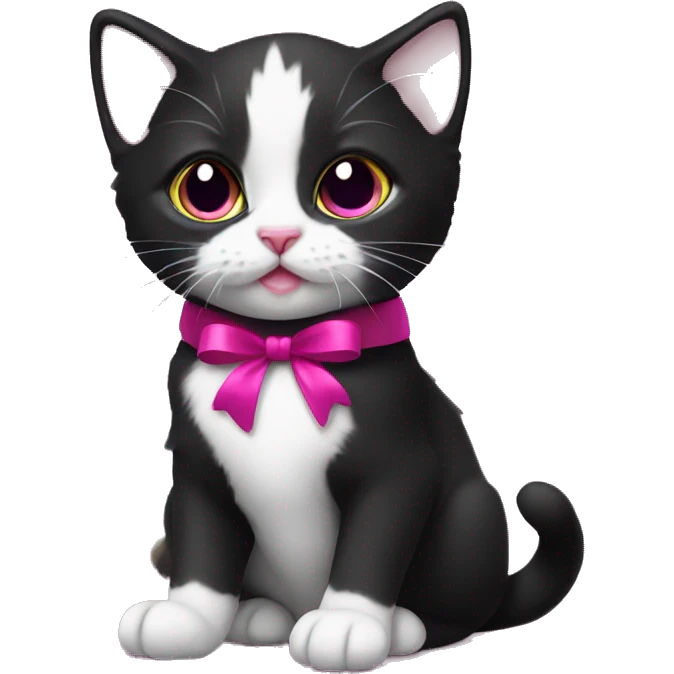 Tuxedo kitten with a magenta ribbon  emoji